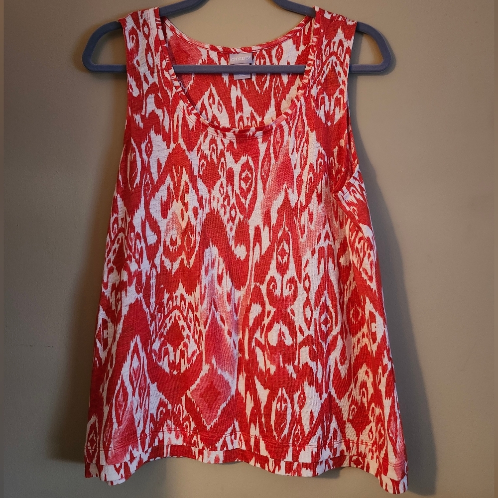 Chico's Linen Orange And Cream Ikat Print Tank Top